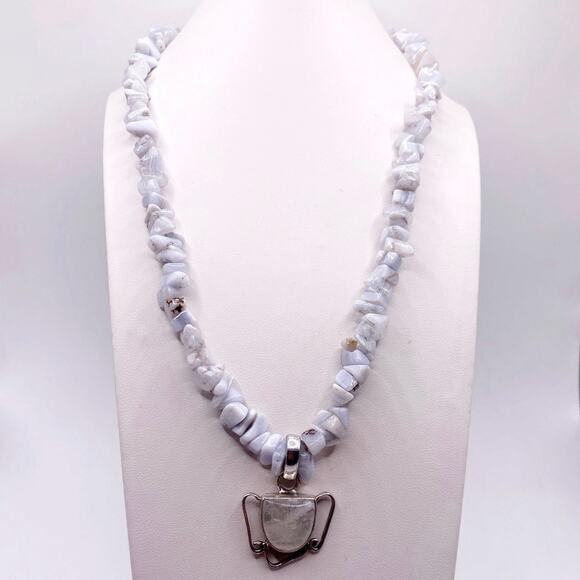 Vintage Blue Lace Agate and Sterling Silver Necklace with Moonstone Pendant - Picture 2 of 6